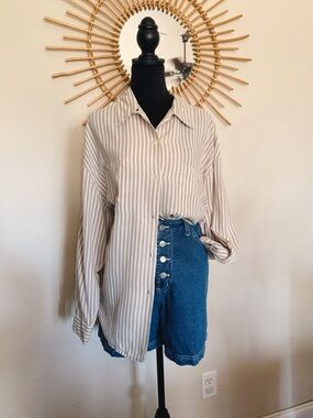 Striped Button-Down Shirt - Beige/White